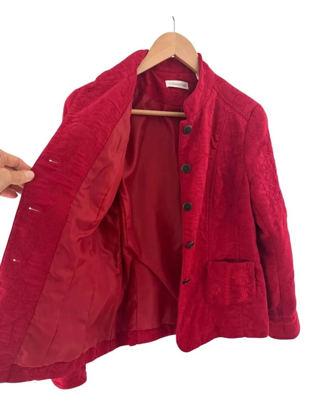 Coldwater Creek Red Jacquard Button Jacket Size 14 Blazer Pockets Coat Holiday